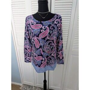 Talbots Cotton Tee Womens Lp Bateau Neck Filigree Paisley Top Purple Blue Preppy